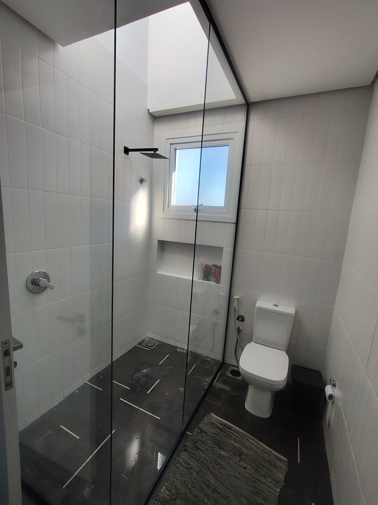 Banheiro com box de vidro e claraboia